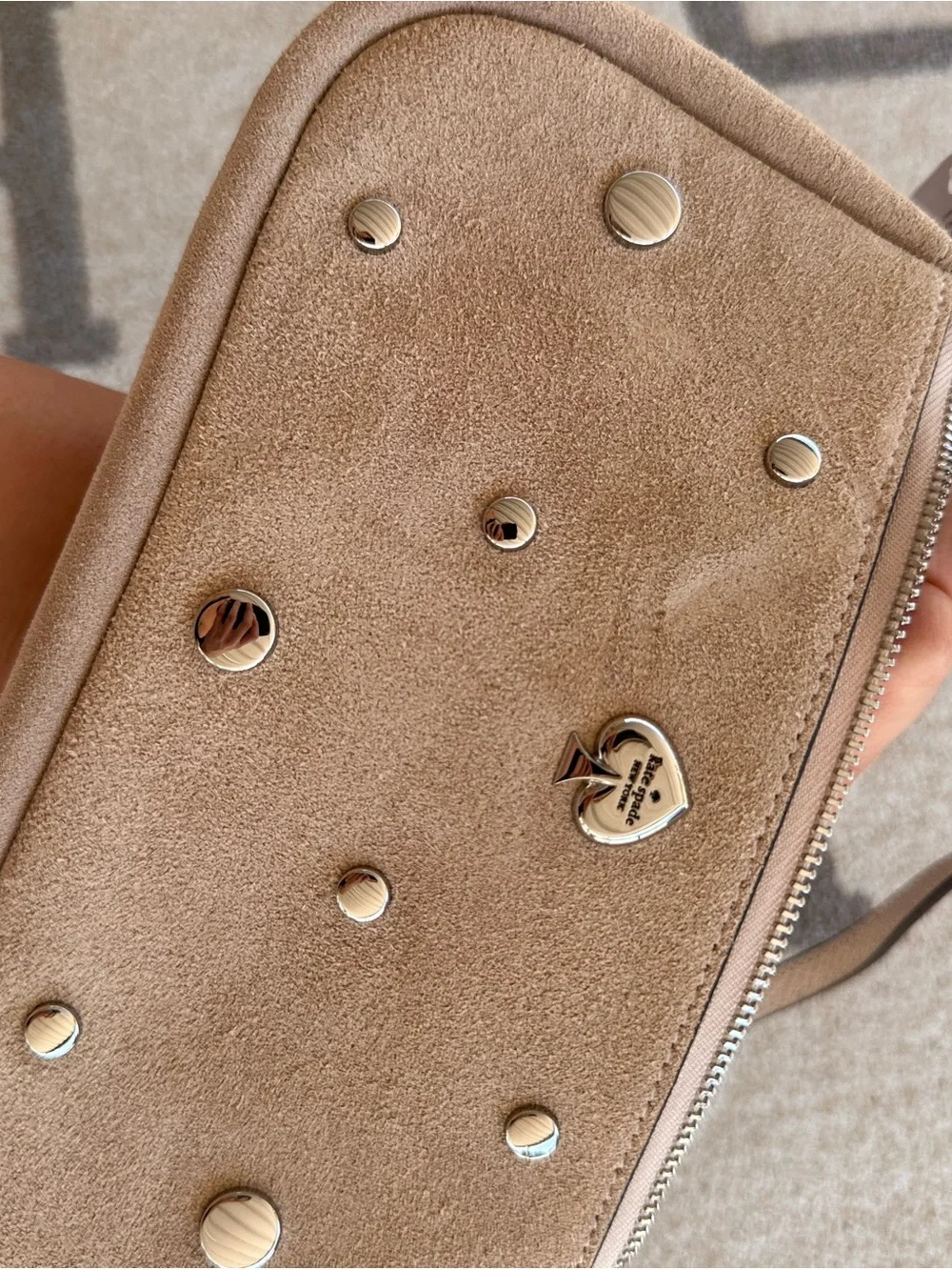 Suede Studded Crossbody Bag in Taupe Kate spade